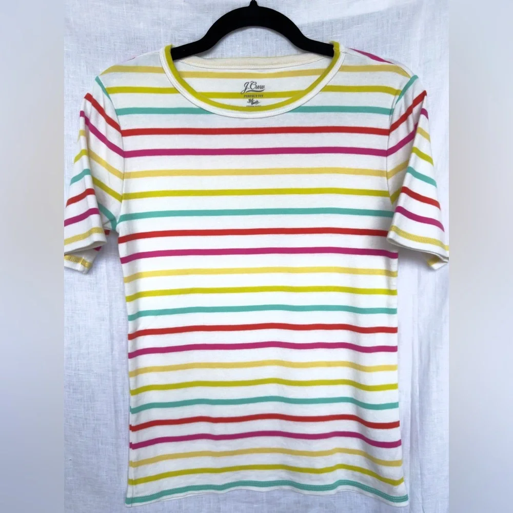 J Crew Perfect Fit Knit Good Vibrant Striped T-shirt Women’s Medium 100% Cotton - Picture 1 of 5